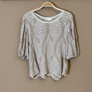 Solitaire Beige Blouse with White Leaf Embroidery